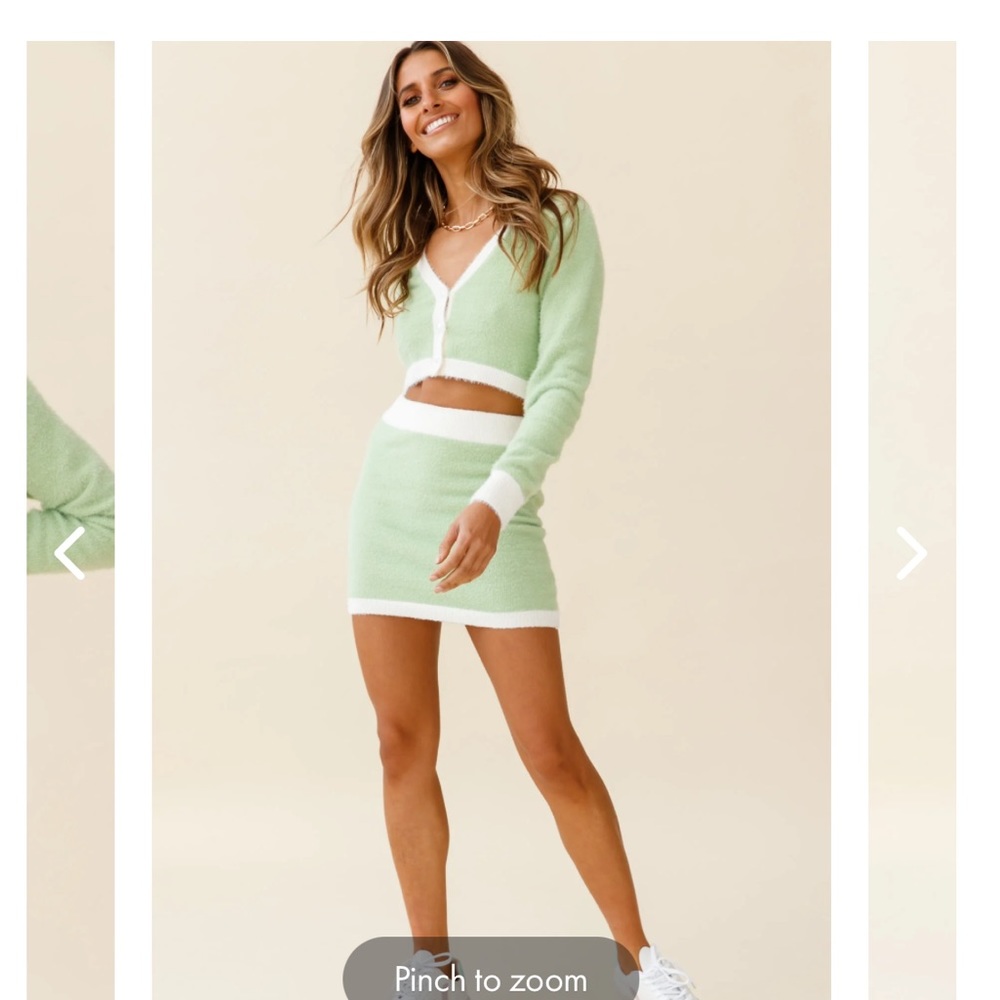 LOVE STRUCK LONG SLEEVE BUTTON CROP CARDIGAN and skirt set SAGE